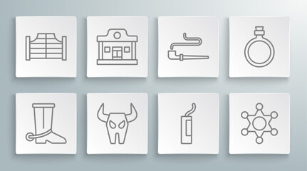 Set line Cowboy boot, Wild west saloon, Buffalo skull, Dynamite bomb, Hexagram sheriff, Smoking pipe, Canteen water bottle and Saloon door icon. Vector