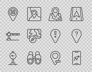 Set line Traffic sign turn left, City map navigation, Folded with location marker, Binoculars, Helicopter landing pad, Location and Unknown route point icon. Vector