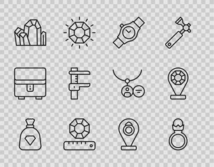 Set line Bag with gems, Diamond engagement ring, Wrist watch, Gem stone, Calliper or caliper and scale, Jewelry store and icon. Vector