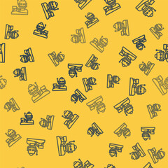 Blue line Robot humanoid driving a car icon isolated seamless pattern on yellow background. Artificial intelligence, machine learning, cloud computing. Vector