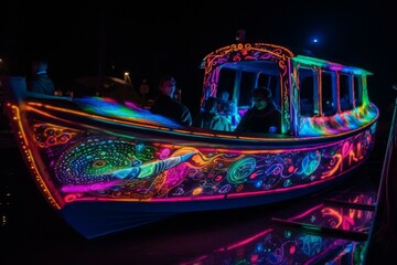 Vibrant boat glows with neon colors amidst stars, moons, and planets. Generative AI