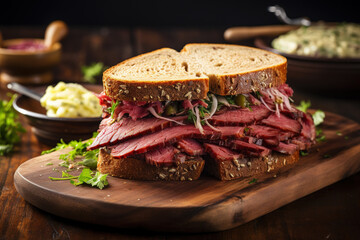 Pastrami sandwich on wooden table.