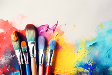 Fototapeta premium Paints and brushes for painting on a white background.