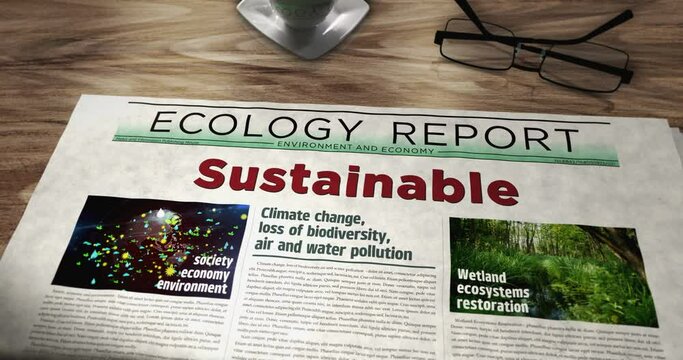 Sustainable green industry and eco friendly technology daily newspaper on table. Headlines news abstract concept 3d.