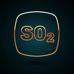 Gold line Sulfur dioxide SO2 gas molecule icon isolated on dark blue background. Structural chemical formula and molecule model. Vector