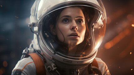 Portrait of a female astronaut in a protective spacesuit