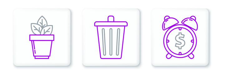 Set line Alarm clock with dollar symbol, Flowers in pot and Trash can icon. Vector