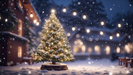 Fototapeta na wymiar Christmas tree outdoor with snow, lights bokeh around, and snow falling, Christmas atmosphere.