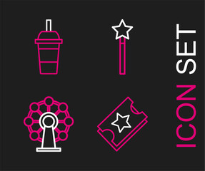 Set line Ticket, Ferris wheel, Magic wand and Paper glass with drinking straw water icon. Vector