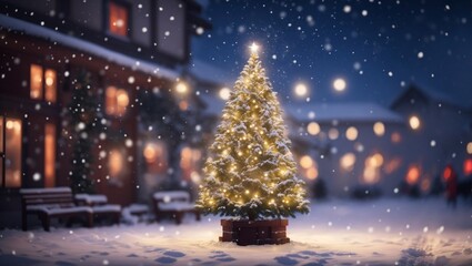 Obraz premium Christmas tree outdoor with snow, lights bokeh around, and snow falling, Christmas atmosphere.