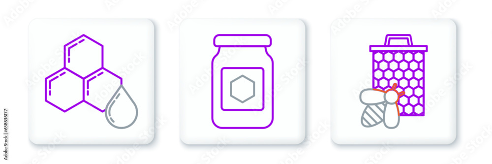 Sticker set line bee and honeycomb, honeycomb and jar of icon. vector