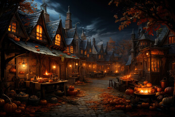 Fototapeta na wymiar Halloween-Themed Village Scene