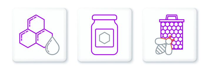 Set line Bee and honeycomb, Honeycomb and Jar of icon. Vector