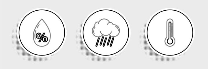 Set line Thermometer, Water drop percentage and Cloud with rain icon. Vector - obrazy, fototapety, plakaty