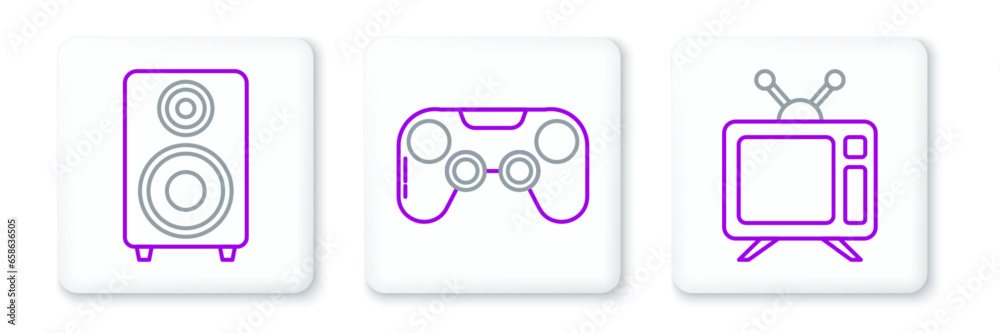 Sticker set line television, stereo speaker and gamepad icon. vector