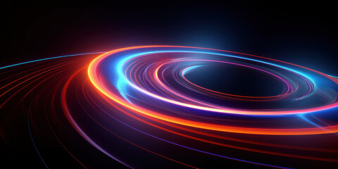 Neon futuristic flashes circles stripes on black background.