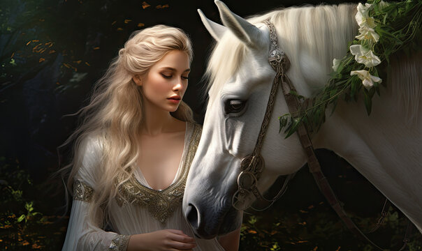 Graceful woman and white horse share a tranquil moment.