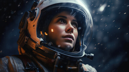 Portrait of a female astronaut in a protective spacesuit