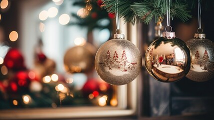 Christmas Baubles Decoration Close-up background. Festively Decorated with hanging bright balls on blurred sparkling fairy background. New Year defocused garland glowing lights, Bokeh effect..