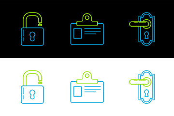Set line Door handle, Open padlock and Identification badge icon. Vector