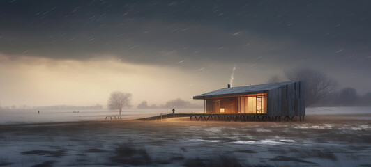 Winter Solitude: A Lit Barn in a Snowy Field at Night