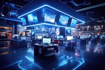 Discover the modern interior of this bustling city mall. Shoppers enjoy a blend of technology, entertainment, and luxury as they explore a wide range of stores