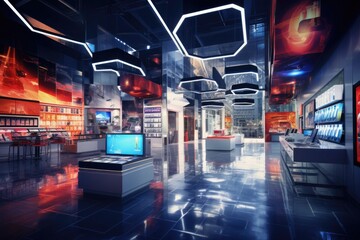 Obraz premium Discover the modern interior of this bustling city mall. Shoppers enjoy a blend of technology, entertainment, and luxury as they explore a wide range of stores