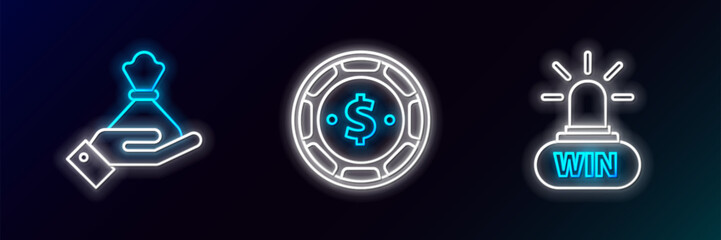 Set line Casino win, Hand holding money bag and chip with dollar icon. Glowing neon. Vector