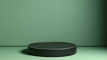 Round Stone Podium in front of a light green Studio Background. Black Pedestal for Product Presentation