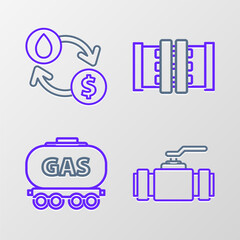 Set line Industry metallic pipes and valve, Gas railway cistern, and Oil exchange, water transfer, convert icon. Vector