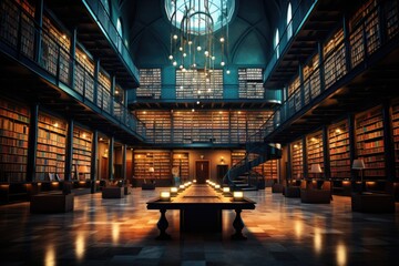 Explore the rich world of knowledge in this modern library. With its impressive architecture and vast collection of books, it's a hub for education and culture. - obrazy, fototapety, plakaty