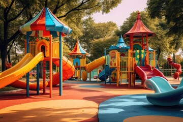 Discover the joy of childhood at this colorful playground in the park. With various equipment and recreational options, it's a perfect place for kids to play and have fun outdoors - obrazy, fototapety, plakaty