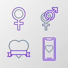 Set line Mobile phone with heart, Heart and ribbon, Gender and Female gender symbol icon. Vector