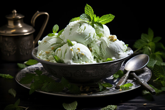 a bowl of ice cream with mint leaves