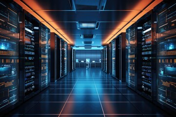 Explore the heart of digital infrastructure in a high-tech datacenter. This modern facility houses servers, networking equipment, and storage systems, ensuring seamless connectivity and data security. - obrazy, fototapety, plakaty