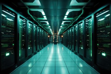 Fototapeta premium Explore the heart of digital infrastructure in a high-tech datacenter. This modern facility houses servers, networking equipment, and storage systems, ensuring seamless connectivity and data security.