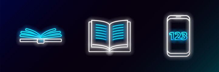 Set line Mobile calculator interface, Open book and icon. Glowing neon. Vector