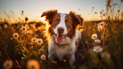 Portrait of a happy dog on a blurred background, beautiful lighting.