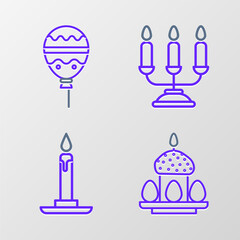 Set line Easter cake and eggs, Burning candle in candlestick, Candelabrum with candlesticks and Balloons ribbon icon. Vector