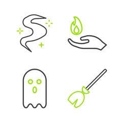 Set line Witches broom, Ghost, Hand holding a fire and Magic fog or smoke icon. Vector