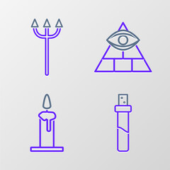 Set line Bottle with love potion, Burning candle in candlestick, Masons and Neptune Trident icon. Vector