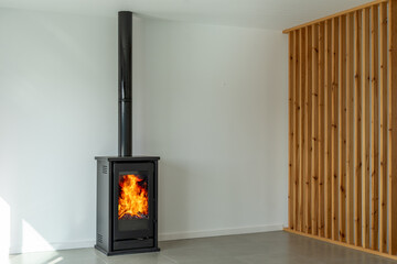 Fireplace inside house modern living room. Cosy living room with wood burner stove with burning flame behind a glass door - obrazy, fototapety, plakaty
