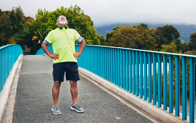 Fitness, tired or senior man on bridge for walking or trekking journey or adventure for freedom on break. Hiking, relax or exhausted mature hiker with fatigue in exercise, fitness or workout in Peru