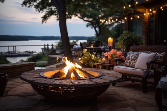 Warmth of Home Image of Backyard Fire Pit Background Designed by Generative AI