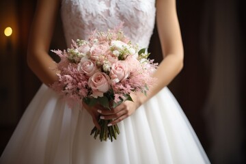 Obraz na płótnie Canvas Beautiful pastel wedding bouquet in bride's hands, bokeh background.