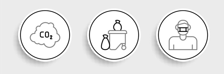 Set line Face in protective mask, CO2 emissions cloud and Full dustbin icon. Vector