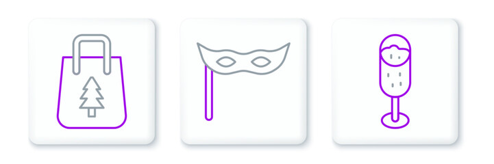 Set line Glass of champagne, Christmas shopping bag and Festive mask icon. Vector