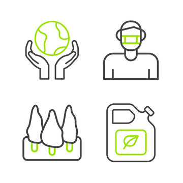 Set line Bio fuel canister, Forest, Face in protective mask and Hands holding Earth globe icon. Vector