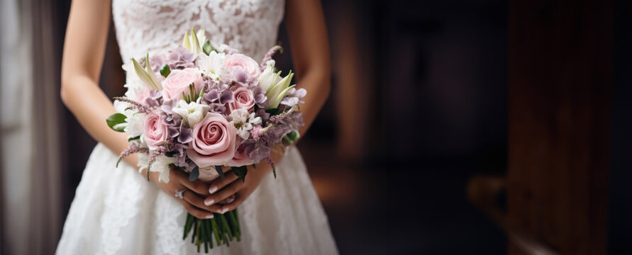 Beautiful pastel wedding bouquet in bride's hands, bokeh background.