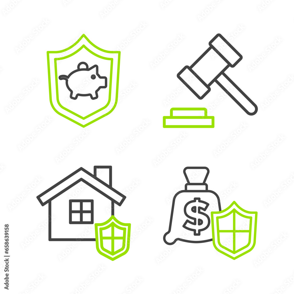 Poster Set line Money with shield, House, Judge gavel and Piggy bank icon. Vector